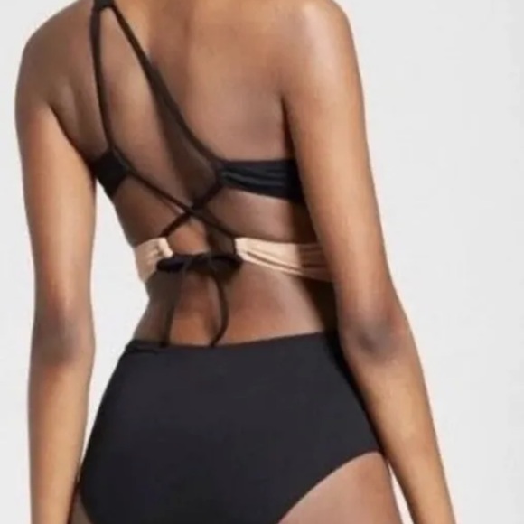 SUNN Lab Swim One Shoulder Color block One-Piece Swimsuit Black, Tan SMALL *NWT* - Picture 2 of 7